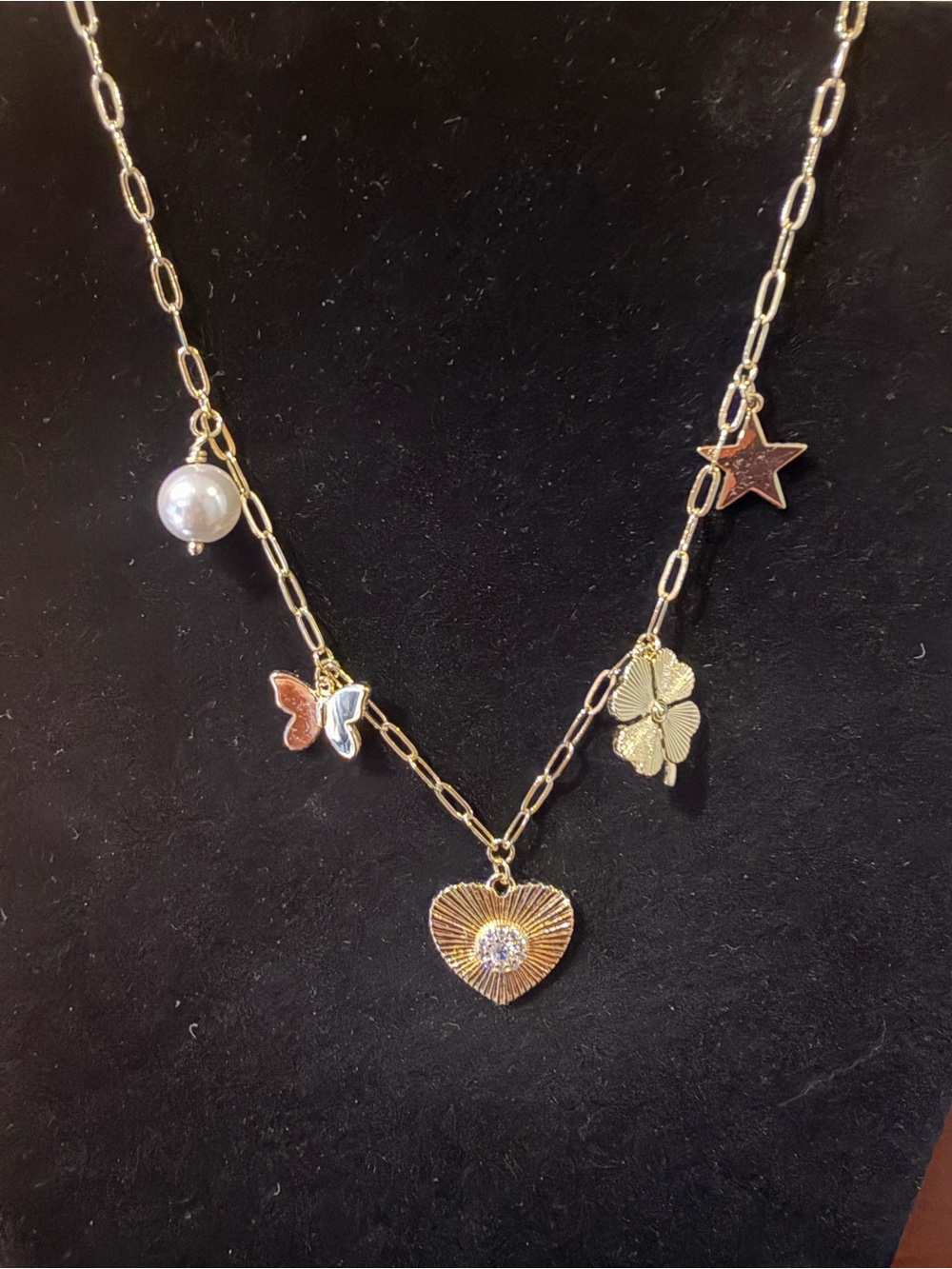 Gold-Tone Multi-Charm Heart Pendant Necklace with Enamel Accents